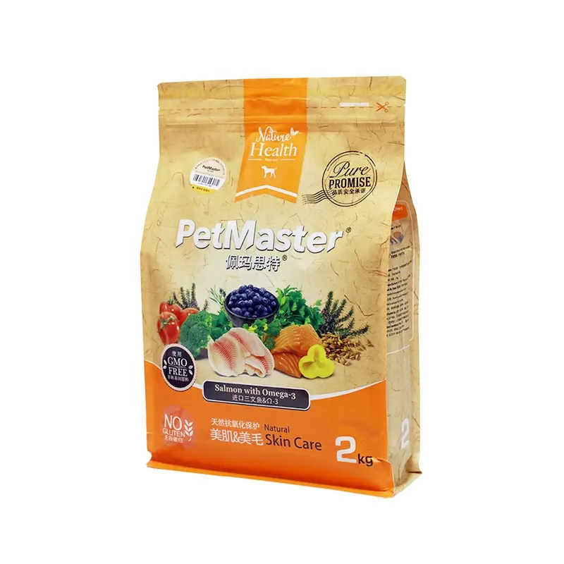 1KG 2KG 2.5KG kunststoff stand up quadratischen boden acht-seite dichtung verpackung tasche recycle pet hund katze lebensmittel behandeln ziplock beutel