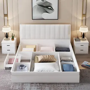 Ev yatak odası mobilyası modern beyaz ahşap karyola iskeleti depolama ile