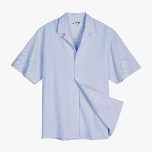 <span class=keywords><strong>Camicia</strong></span> a maniche corte a righe <span class=keywords><strong>Seersucker</strong></span> personalizzata per uomo estiva blu con colletto cubano mezza manica giacca <span class=keywords><strong>camicia</strong></span> - Product Image 3