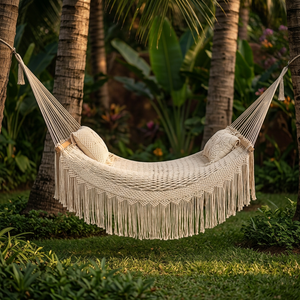 Modern Macrame Foldable Hammock <b>Bed</b> with Throw <b>Pillows</b> for Indoor/Outdoor Use Patio & Bedroom Swings - Product Image 3
