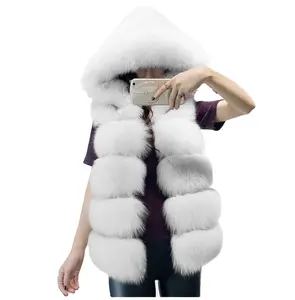 Mode Frauen Winter Streifen Fox Fur Ärmellose Weste Kapuze Kunst pelz Weste