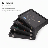 Boîte à bijoux en cuir noir avec couvercle en verre transparent, double fermoir métallique, intérieur en velours, grand organisateur de rangement, coffret cadeau