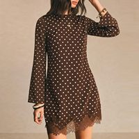 Robe Courte Femme Personnalisée OEM Marron à Pois Manches Longues Col Rond Vintage Ourlet Dentelle Automne Décontractée en Mousseline
