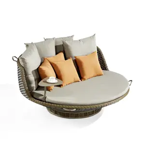 Luxury Hotel Outdoor Plastic Rattan Round Sun Bed Garden Lounge Rotatable Wicker Sunbed