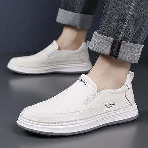 Koinag Men's Casual Leather Slip-On Shoes White <b>Low</b> <b>Heel</b> Soft Sole Loafers For Youth Spring Summer Wear - Product Image 3