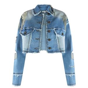 Nouvelle Veste en Jean pour Femme, Style Tendance avec Chaîne de Perles, Col Rabattu, Coupe Courte, Effet Déchiré - Product Image 2