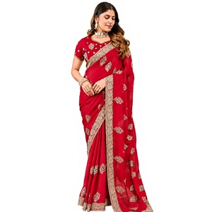 Vexotrend India Pakistan Premium <b>Velvet</b> Satin Traditional <b>Saree</b> for Women Embroidery Swarovski Wrinkle-Free Quick-Dry Wedding - Product Image 1