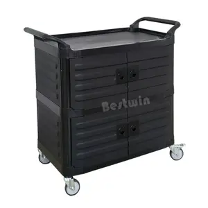 Hotel Supplies Multi Purpose 3 Layer Plastic Heavy Duty Black Utility Cart Room Service Trolley with Door