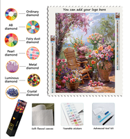 5D Volledige Ronde Boor Diamant Schilderij Lente Tuin Patio Bloemen Stoel 50x65 DIY Knutselpakket Landelijk Bloemrijk Landschap Wanddecoratie