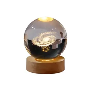 定制3D水晶球夜灯床边台灯带发光二极管木制底座足球银河星球鹿圣诞儿童礼品室