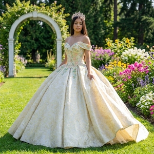 Vestido de Quinceañera sin Tirantes con Bordado Floral Dy1527, Vestido de Novia de Satén con Cola Larga Plisada, Jancember - Product Image 1