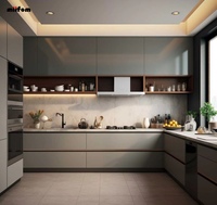 Lemari Dapur Modular Bentuk L Modern Warna Abu-Abu Muda Matte Lacquer Kustom, Rak Terbuka Berengsel, Lampu LED, Kuarsa Artifisial