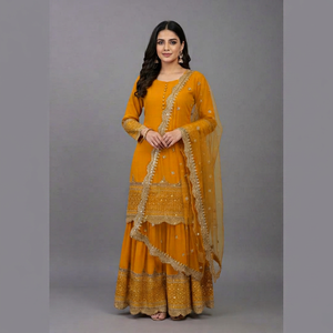 Ensemble Anarkali jaune moutarde pour femme avec broderie dorée, longueur ras du sol, style traditionnel indien pakistanais, prêt-à-porter - Product Image 1