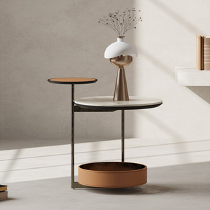 Meja Kopi Sudut 3 Tingkat Mewah Modern dari Kulit Sadel Desainer & Batu Sinter untuk Ruang Tamu Sofa - Product Image 2