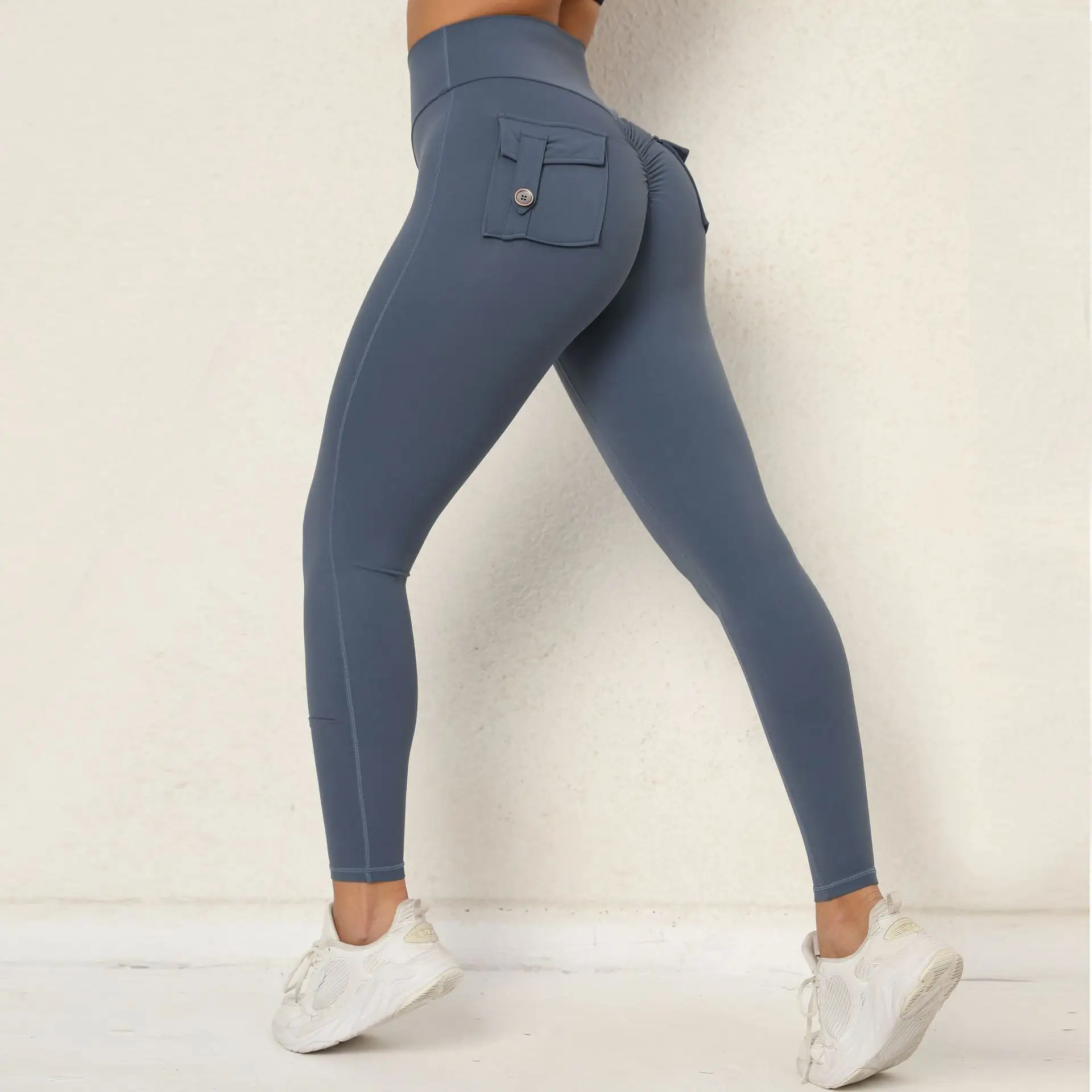 Leggings froissés Leggings de gymnastique avec poches pour femmes Contrôle du ventre Lifting des fesses Beurre doux Aucun transparent