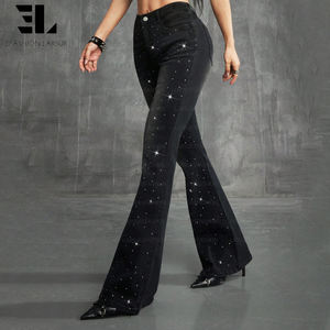LARSUR Custom Factory Rhinestone Flare <span class=keywords><strong>Jeans</strong></span> Slim Fit Bootcut Distressed Wash High Waist Denim Broek voor Dames - Product Image 4