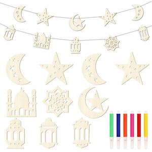 Eid Mubarak, pendentifs en bois à colorier soi-même, motif lune étoile lanterne Ramadan, cadeau pour enfants, bannière musulmane avec peinture - Product Image 3