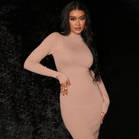 Robe moulante côtelée basique à manches longues pour femme, style décontracté et sexy, en maille, col roulé, grande taille, pour le printemps et l'automne