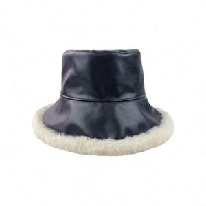 Chapeau de pêcheur en cuir PU noir lisse pour l'hiver, chapeau chaud vintage japonais en laine d'agneau, chapeau bob - Product Image 5