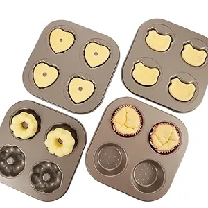 4 cavidades corazón flor Donut calabaza en forma de acero al carbono antiadherente floreado Muffin utensilios para hornear Cupcake Pan para horno herramientas para hornear moldes de pastel de aleación de aluminio