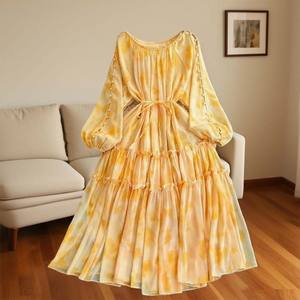 موضة جديدة طويلة الأكمام فستان الشيفون المطبوع الامبرطورية الخصر الديكور نمط الصلبة ميدي طول لربيع الخريف - Product Image 3