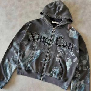 커스텀 빈티지 플로럴 스트릿웨어 헤비 웨이트 집업 재킷 DTG 프린트 지퍼 프렌치 테리 코믹스 애시드 워싱 디스트레스드 후드티 - Product Image 2