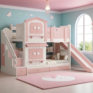 Cama Infantil Personalizada JINS de MDF con Tobogán, Cama Superior e Inferior, Diseño de Castillo de Princesa Rosa, Cama Tipo Casa de Árbol para Dormitorio, Cómoda - Product Image 1
