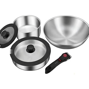 Fabbrica all'ingrosso durevole personalizzabile Tri-strati in acciaio inox Set di pentole con manico staccabile e coperchio in Silicone per cucine - Product Image 1