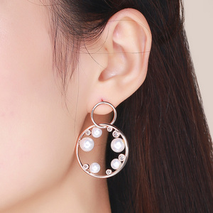 <b>Rose</b> <b>Gold</b> Plated Pearl <b>Stud</b> <b>Earrings</b> With Zircon Geometric Design For Women Party Jewelry - Product Image 5