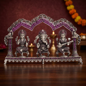 Ensemble d'idoles Ganesha Lakshmi Saraswati en argent 92,5 orné de rubis, statue religieuse décorative pour temple et maison - Product Image 2