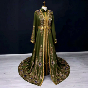 Elegant Green Embroidered Loose Abaya Dress Gold Floral Pattern Floor Length Modest <b>Long</b> Sleeve Stand Collar <b>Wedding</b> Middle East - Product Image 1