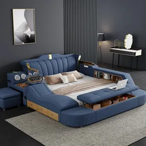 बेडरूम फर्नीचर डिजाइनर चमड़ा लक्जरी किंग क्वीन आकार आधुनिक लकड़ी के मल्टीफ़ंक्शन स्टोरेज मसाज हाई एंड बेड सेट
