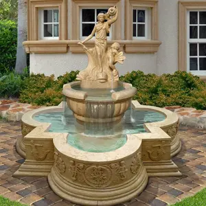 Fonte de água de mármore natural bege personalizada, pequena esculpida à mão, pedra natural, para jardim, parque quadrado