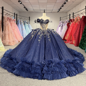 Vestido de Quinceañera Azul Marino con Lentejuelas y Hombro Descubierto, Modelo 1560 Glitter - Product Image 1