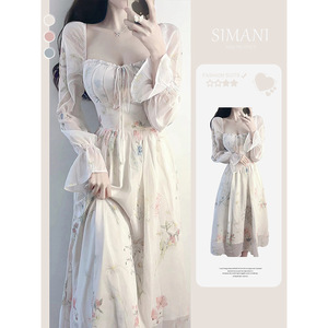 Simani Floral Chiffon Tea Party Dress Square Neck Long Sleeve A-Line Empire Waistline Women's Cocktail Dress - Product Image 1