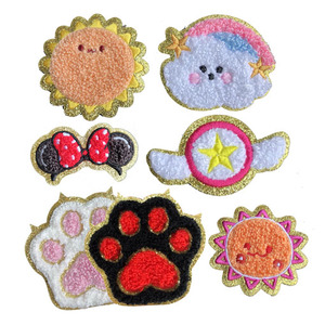 Hot Sale Iron On/self Sticker Gold Glitter Edge Embroidered Cute Cartoon Sun Paw Cloud rainbow Star Chenille Patch - Product Image 1