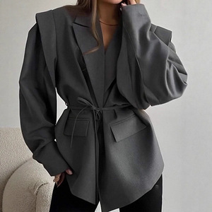 2026 Spring Autumn <strong>Women</strong> Lace-Up <strong>Waist</strong> Blazer <strong>Coat</strong>, Fashion Office Outerwear Daily Ladies Clothing Dropshipping - Product Image 1