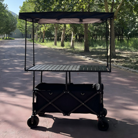 Chariot de Restauration Mobile Pliant à Quatre Roues en Métal avec Grande Planche de Service et Pare-Soleil pour Camping et Vente Ambulante