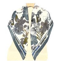 Foulard carré en soie de mûrier bleu ciel imprimé Jardin Botanique, 90 cm, pour femme, idéal pour l'été, comme foulard de tête, accessoire de sac ou pour mariage musulman