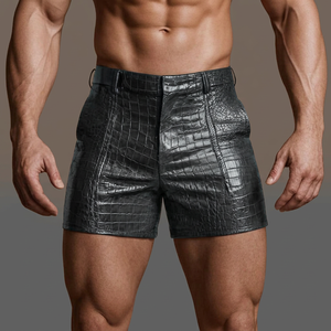 Shorts pour homme taille haute en similicuir avec texture crocodile, fermeture boutonnée, style décontracté, poches en cuir véritable, exclusif - Product Image 5