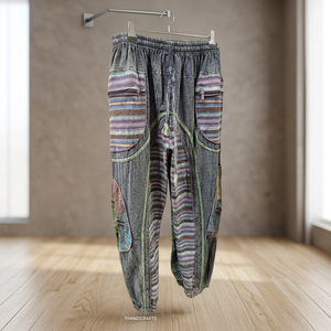 Stonewashed Canvas <b>Harem</b> Pants <b>Trouser</b> High-Waisted Drawstring Elastic Waist Two Deep Pockets 100% Cotton Paisley Pattern - Product Image 2