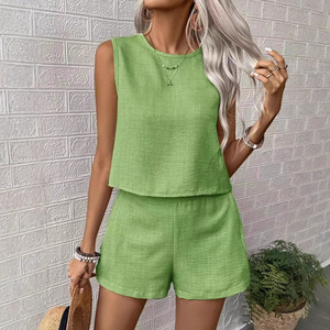 Women's <b>Linen</b> Sleeveless Tank <b>Top</b> Shorts Set Solid Blue Casual O-Neck Loose Fit Spring Summer Outfit - Product Image 5