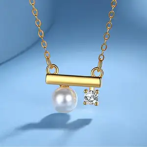 Women Korean Custom 925 Sterling Silver 18k Gold Plated Crossbar Geometric Balance Beam Zircon Pearl Necklace
