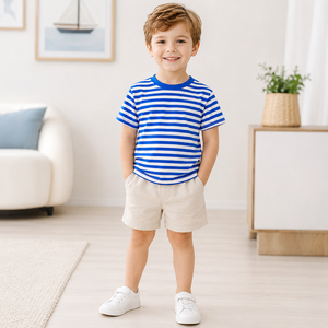 T-shirt a Righe in Cotone per Bambini, Manica Corta, Girocollo, Estivo, Casual, per <span class=keywords><strong>Ragazzi</strong></span> e Ragazze, <span class=keywords><strong>Abbigliamento</strong></span> Trendy per Bambini all'Ingrosso - Product Image 3