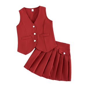 Abbigliamento Estivo per Bambine, Gilet Senza Maniche <span class=keywords><strong>con</strong></span> Scollo a <span class=keywords><strong>V</strong></span> e Bottoni, Gonna Plissettata, Nuovi Vestiti per Bambini all'Ingrosso - Product Image 1