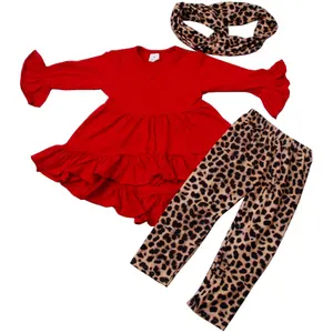 Fashion girls boutique clothing set wholesale overseas ruffle red top and leopard print leggings outfit with scarf for kids