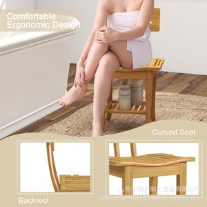 Bamboo Shower Stool With Backrest Solid Wood Waterproof Non Slip <b>Bath</b> Seat <b>Storage</b> Shelf Lounge Chair - Product Image 1