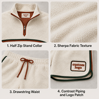 Conjunto de Dos Piezas OEM ODM para Mujer, Sudadera de Forro Polar Sherpa Color Marfil con Cierre de Cremallera, Pantalones Cortos Casuales con Panel en Contraste Verde y Parche de Toalla