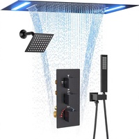 Système de douche mural rectangulaire en acier inoxydable LED 14x20 pouces avec cascade douce, pommeau de douche hôtelier 6 pouces et 4 voies