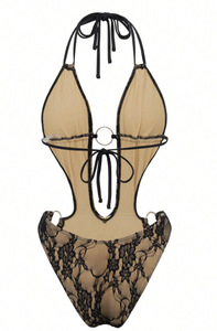 Traje de baño de una pieza sexy de encaje negro para mujer, halter con corte en V profundo y espalda descubierta, venta al por mayor de ropa de playa - Product Image 6